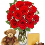 Valentine's Day Flowers - One Dozen Red Roses with Godiva Chocolates & Bear